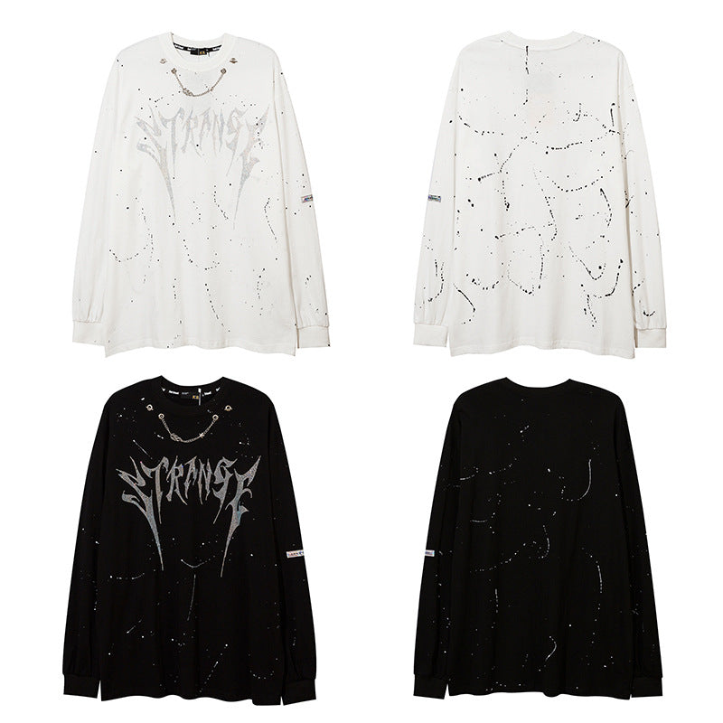 Mens Fall Outfits Autumn and Winter Letters Rhinestone High Street Bottoming Top Men's and Women's Loose Long-Sleeved T-shirt