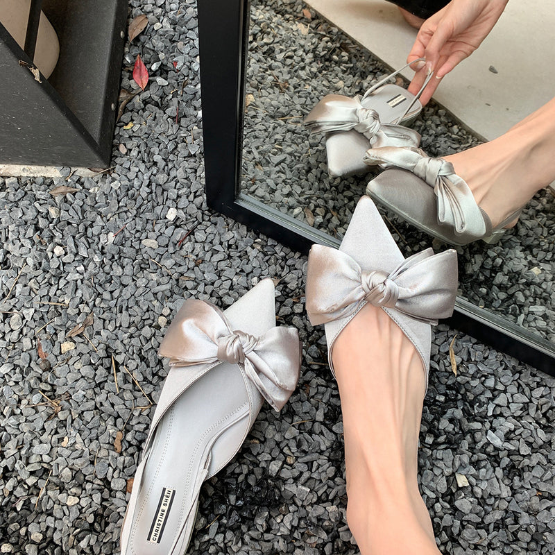 Nude Block Heels Closed Toe Bowknot Chunky Heel Sandals