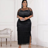 Nina Parker Black Dress Stitching Multi-Layer Tassel High Waist Sheath Dress