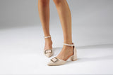 Nude Strappy Block Heels Autumn Square Buckle Thick Mid Heel Pointed Toe Large Size Shoes