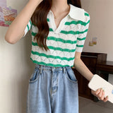 Preppy Aesthetic Sweater Green Striped V-neck Summer Short Sleeve Sweater