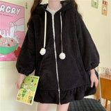 Women Winter Coats Jacket Long-Sleeved Hooded Ruffled Lamb Wool Cute Japanese Style Coat