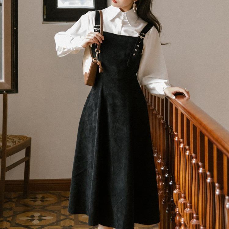 Autumn and Winter Suit Two-Piece Shirt Suspender Dress 2 Pieces Set Cottagecore Academia Fashion Dresses