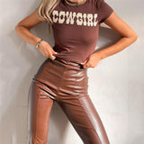 Brown Leather Pants Women's High Elastic PU Leather Pants Leggings Women's Pants