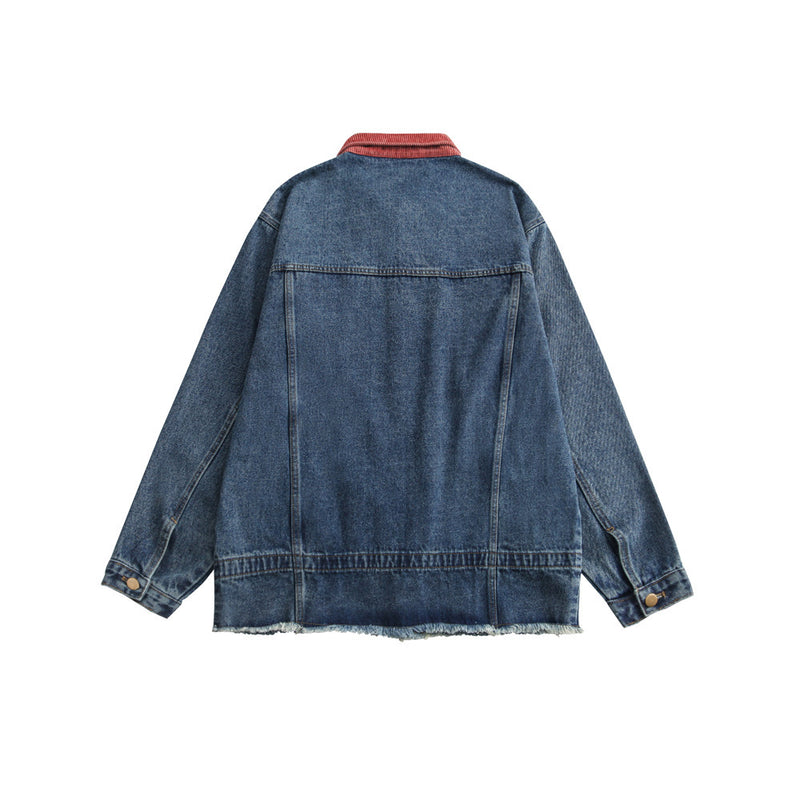 Men Denim Coat Jean Jackets Pocket Decoration Frayed Hem Denim Jacket Men's Loose Lapels Workwear Jacket Denim Clothing