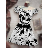 Skull Dress Digital Printing Drawstring Short Sleeve Dress Autumn