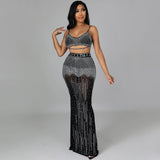 See through Pants Suit Sexy Women Clothing Nightclub Party Mesh Camisole Long Dress Two-Piece Set