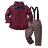 Children Boy Formal Shirt & Suspender Pants 2 Piece Set Autumn Boy Long Sleeve Cotton Shirt