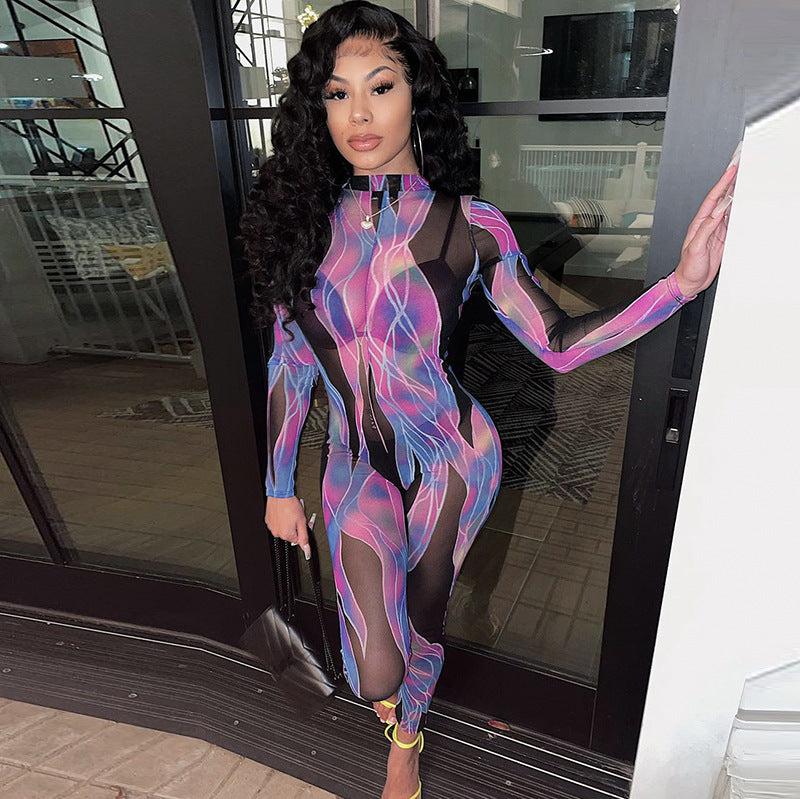 Printed round Neck Long Sleeve Hollow out See-through Tight Trousers Mesh Jumpsuit
