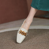 Finn Chain Pointed Toe Mule Cowhide Sandals Women's Summer Outer Wear Closed Toe Half Slippers Flat Mules