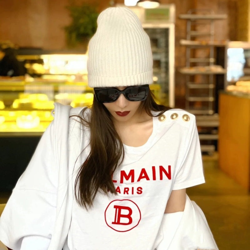 T Shirt Balmain Short Sleeve Half Sleeve Red Flocking Letters