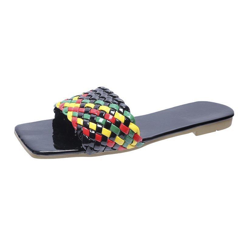 Women Open Toe Sandals Flats Summer Flat Color Woven Slippers