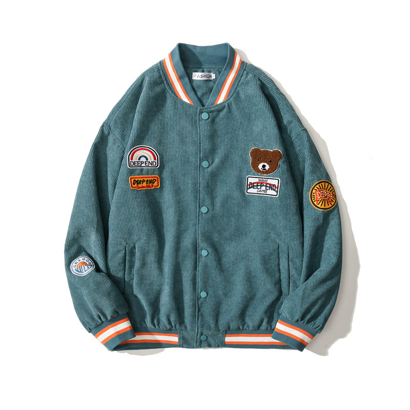 Baby Blue Varsity Jacket Retro Bear Embroidery Baseball Uniform Loose Casual Jacket