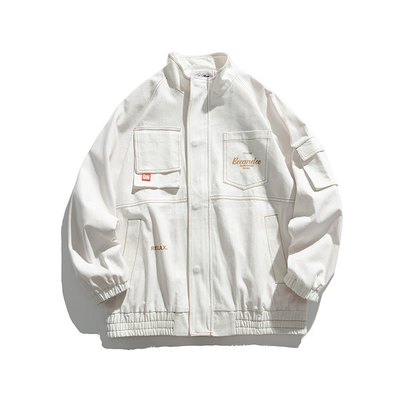 White Varsity Jacket Autumn Men's Jacket Casual Loose Contrast Color Embroidery Workwear with Pocket Coat Men