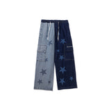 Mens Fall Outfits Five-Pointed Star Multicolor Printing Washed Jeans Straight Wide-Leg Pants