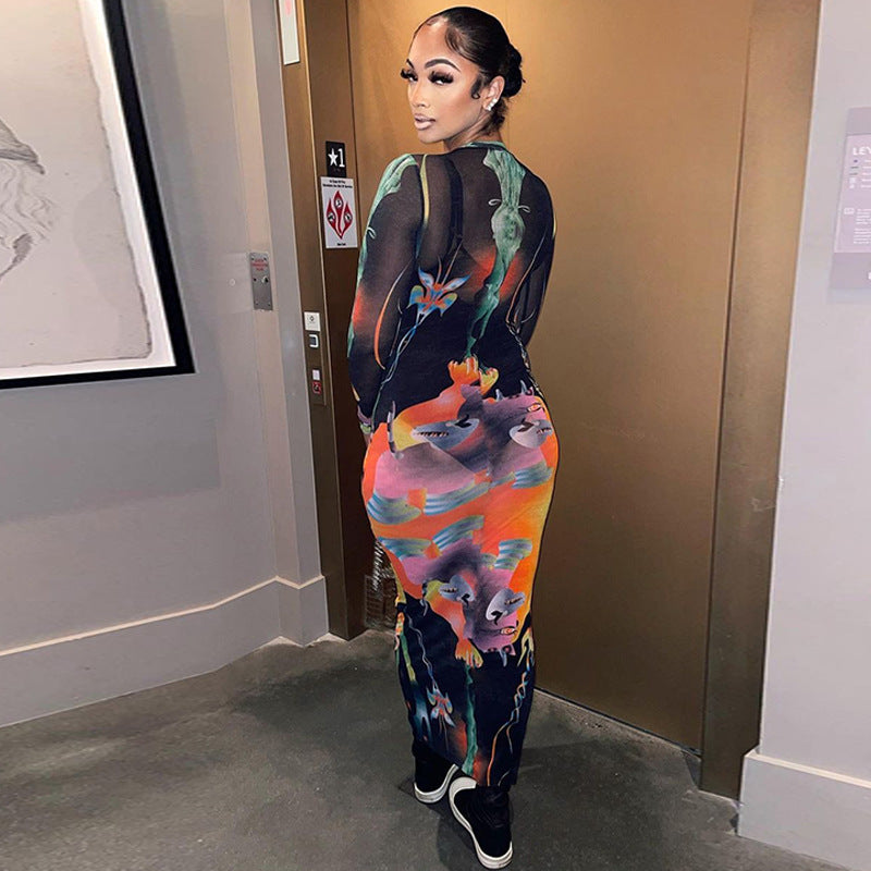 Nina Parker Graffiti Dress Slim-Fit Long Sleeve Temperament Long Dress