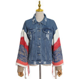 90S Outfits Retro Tattered Jeans Fashion Denim Jacket Women's Contrast Color Wool Knitted Sleeve Coat