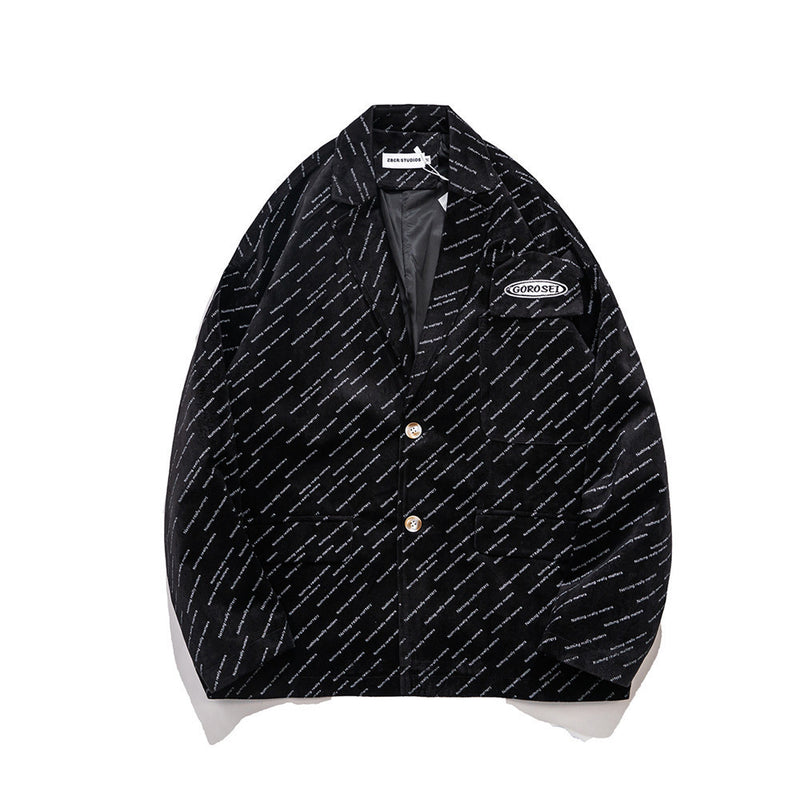 Men's Casual Suit Man Blzer Letter Printed Corduroy Blazer Men's Loose Lapels Jacket Casual Small Suit