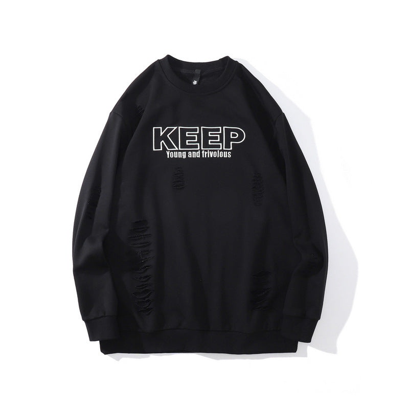 Mens Fall Outfits Autumn and Winter Men's Sweater Personal Leisure Loose Hanging Shoulder Ripped Sports Top