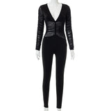 Fall Deep V-neck Hollow-out Long Sleeve Sexy Mesh Stitching Jumpsuit Women