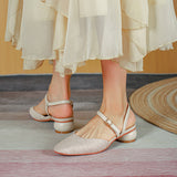Nude Block Heels Closed Toe Spring Pearl round Toe Women's Shoes