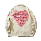 Beige Varsity Jacket Letter Print Patch Decoration Jacket Top Men Loose Lapels Casual Cargo Pants