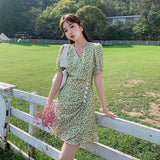 Aesthetic Dress Summer Puff Sleeve Retro Green Short Skirt for Women