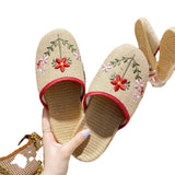 Women Open Toe Sandals Flats Summer Embroidered Linen Leisure Home Flat Slippers