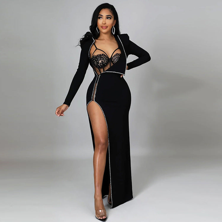 Nina Parker Black Dress Sexy Tight Jumpsuit Hot Drilling Two-Piece Suit