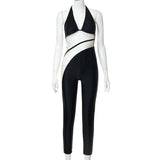 Pure Color Halter Backless Sexy Cutout Mesh Stitching Jumpsuit