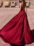 Burgundy Dresses for Wedding Sexy Sleeveless Split Backless Solid Color Dress Gown