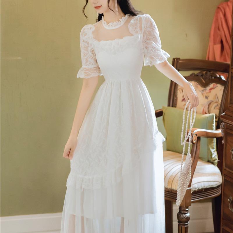 Women Cottagecore Dress White Lace Dress Long Skirt Summer