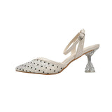 Nude Block Heels Closed Toe Rhinestone Sandals Stiletto Women's Shoes
