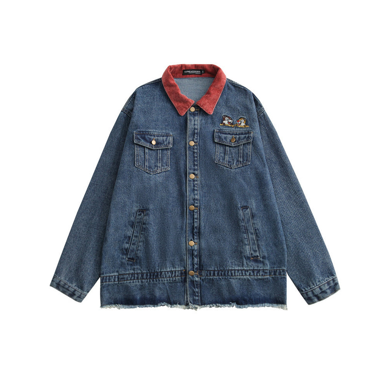 Men Denim Coat Jean Jackets Pocket Decoration Frayed Hem Denim Jacket Men's Loose Lapels Workwear Jacket Denim Clothing