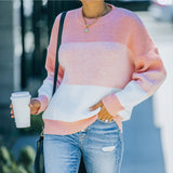 Women Fall Outfits Autumn and Winter Knitting Stitching Loose Contrast Color Sweater Women