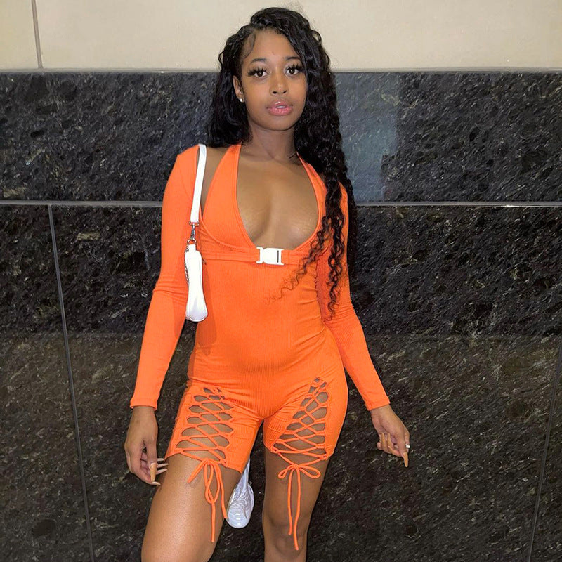 Autumn Solid Color Halterneck Long-Sleeved Tight Sexy Lacing Shorts Jumpsuit