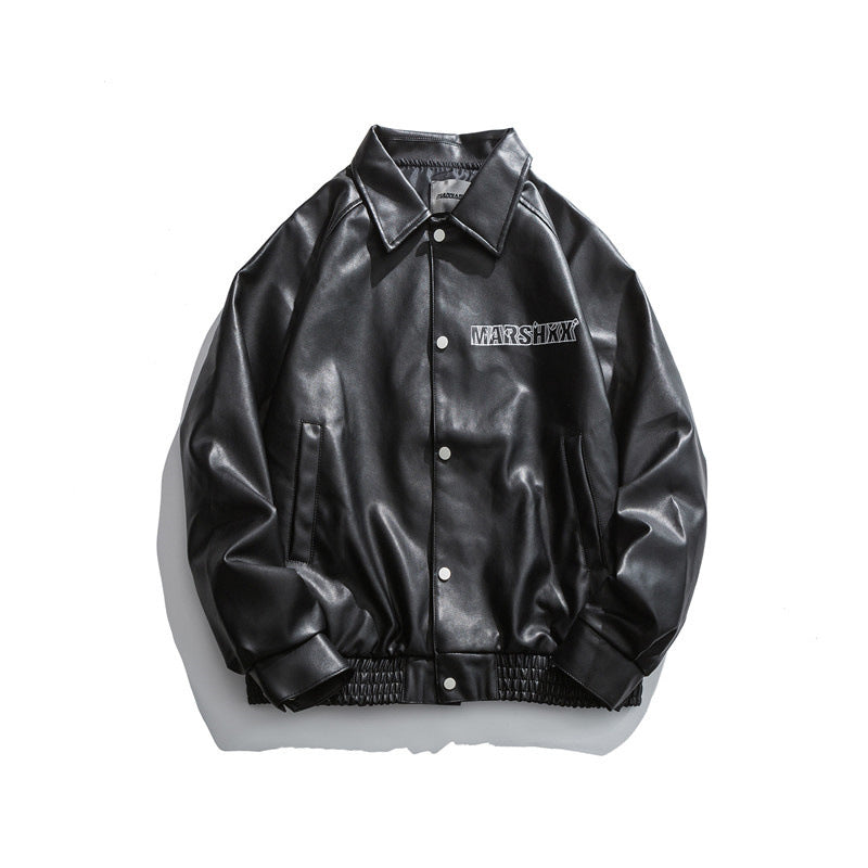 Black Varsity Jacket Autumn Leather Coat Men's Lower Ha Embroidery Loose Lapels Jacket Men's Clothing