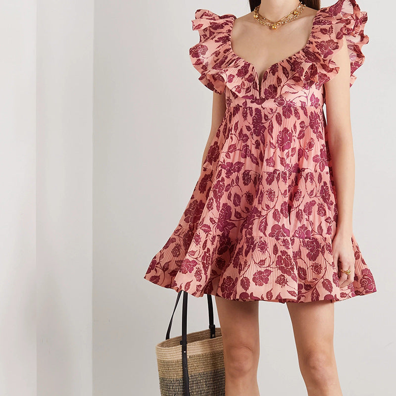 Homecoming Dresses Spring Fashion High Waist V-neck Flying Sleeves Ruffled Dress