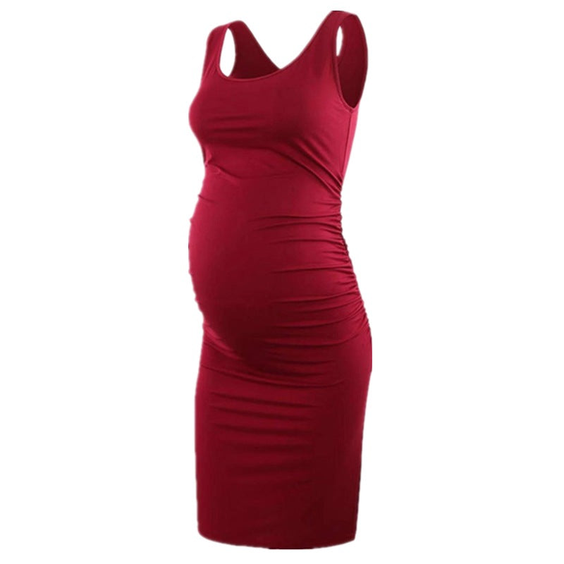 Maternity Clothes Dress round Neck Sleeveless Solid Color Maternity Dress
