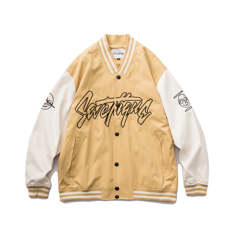 Black Varsity Jacket Autumn Loose Teen Casual Contrast Color Fresh Men's Jacket