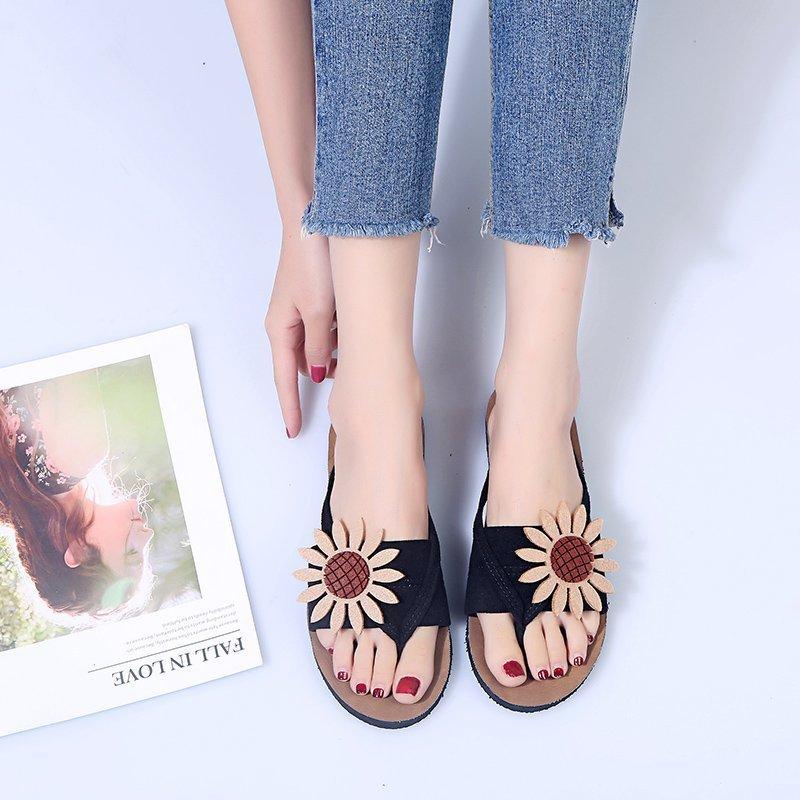 Women Open Toe Sandals Flats Summer Flower Flip Flops Casual Beach Slippers