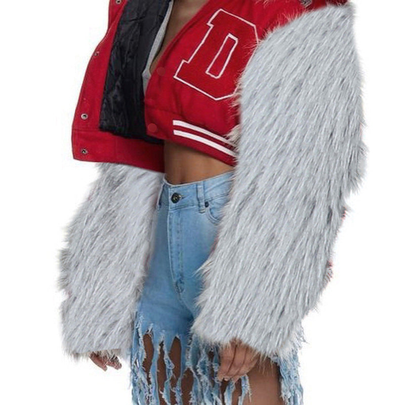 Brown Cropped Varsity Jacket Long Sleeve Baseball Uniform Coat