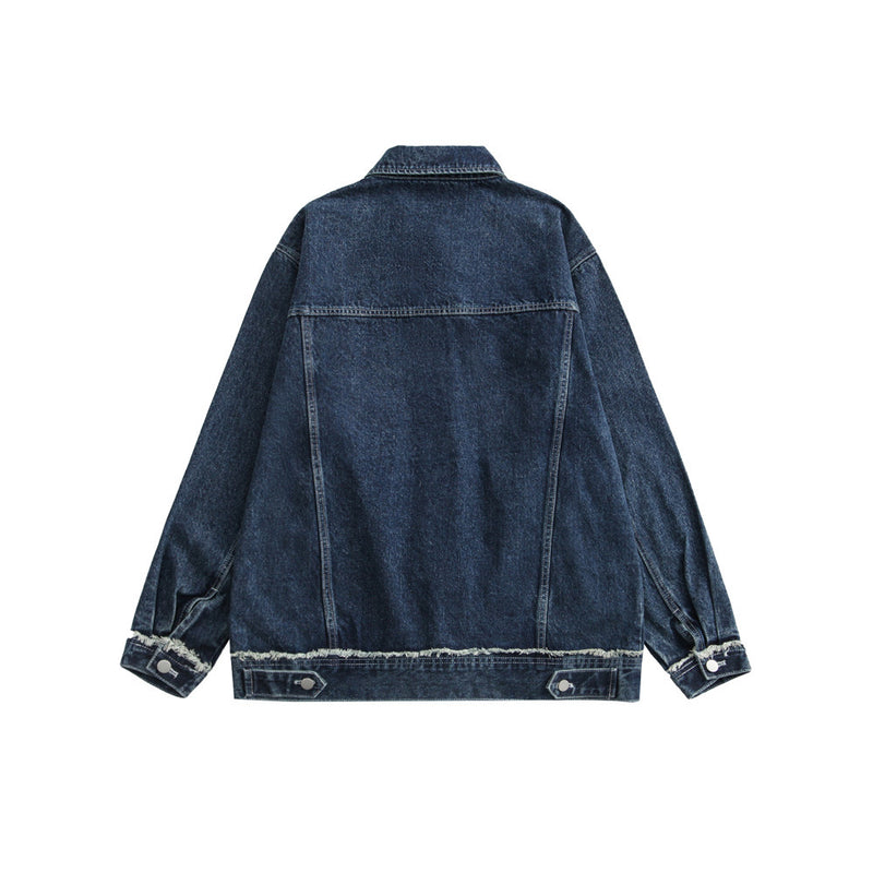 Men Denim Coat Jean Jackets Washed Distressed Frayed Hem Denim Jacket Men's Multi-Pocket Loose Lapels Workwear Jacket