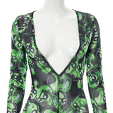 Sexy Deep V Long Sleeve Hollow out See-through Skull Mesh One-Piece Trousers for Women