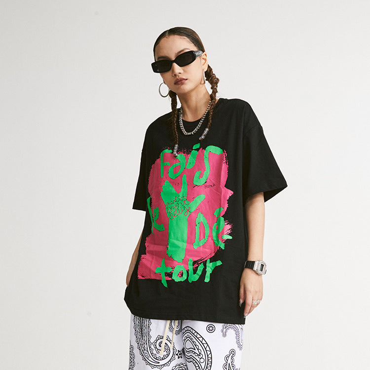 Oversized 90S T Shirt Spring/Summer Street Style Short Sleeve T-shirt Men's Contrast Color Graffiti Printing Top