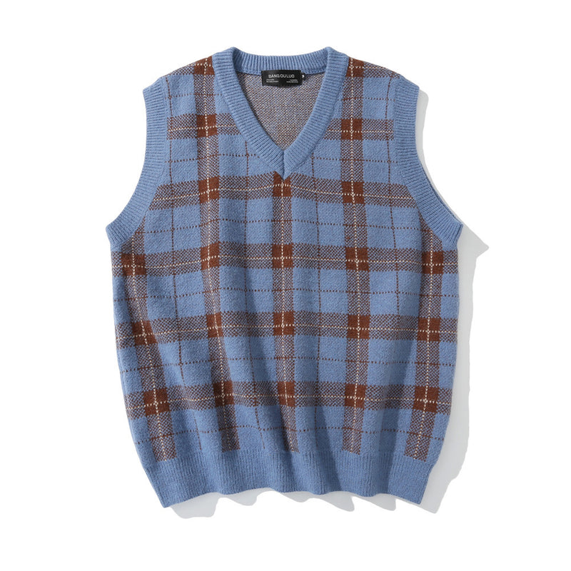 Men Sweater Vest Plaid Sweater Vest Men's V-neck Vest Boyfriend Harajuku Style Loose Street Sleeveless Jacket