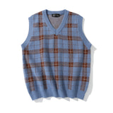 Men Sweater Vest Plaid Sweater Vest Men's V-neck Vest Boyfriend Harajuku Style Loose Street Sleeveless Jacket