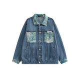 Men Denim Coat Jean Jackets Oil Painting Patchwork Denim Jacket Men Loose Lapels Jacket Denim Coat