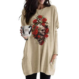 Skull Dress Casual round Neck T-shirt Women's Long Sleeve Pocket Loose Dress