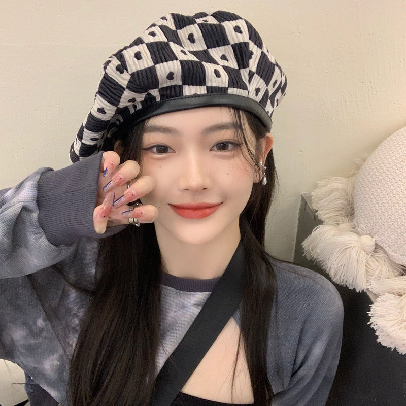 Check Beret Hat Chessboard Plaid Beret Autumn and Winter Cloud Hat